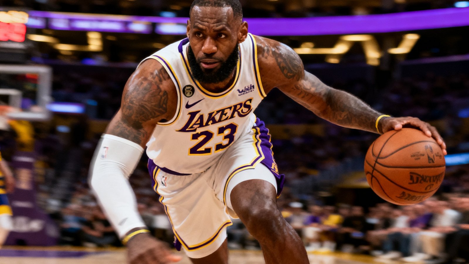 洛杉矶湖人对阵金州勇士NBA季后赛G3全场集锦封面，詹姆斯突破上篮特写画面