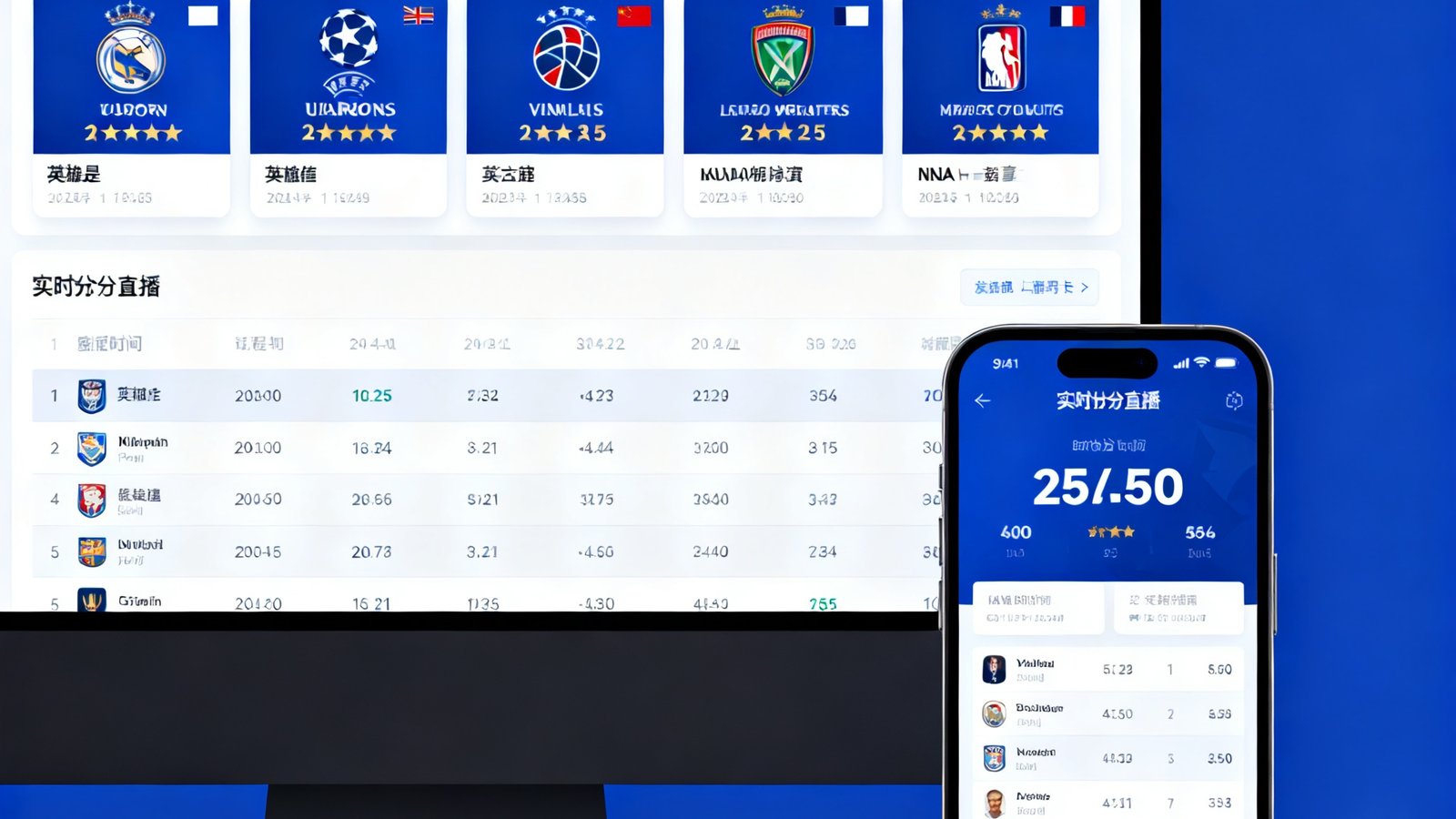 捷报比分平台在电脑和手机端同步展示英超欧冠NBA实时比分直播界面，画面包含多场赛事比分卡片和赛程时间表